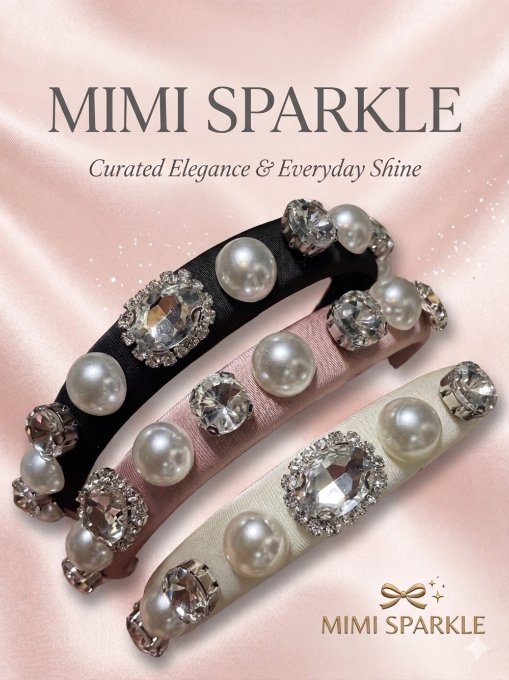 Pearl & Crystal Embellished Satin Headbands — Black, Blush, Ivory